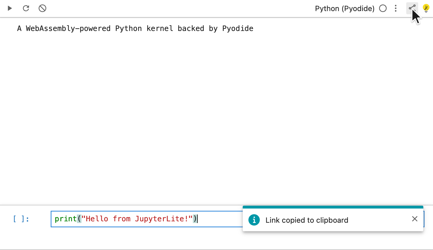 The REPL "Copy Shareable Link" toolbar button and the "Link copied to clipboard" notification