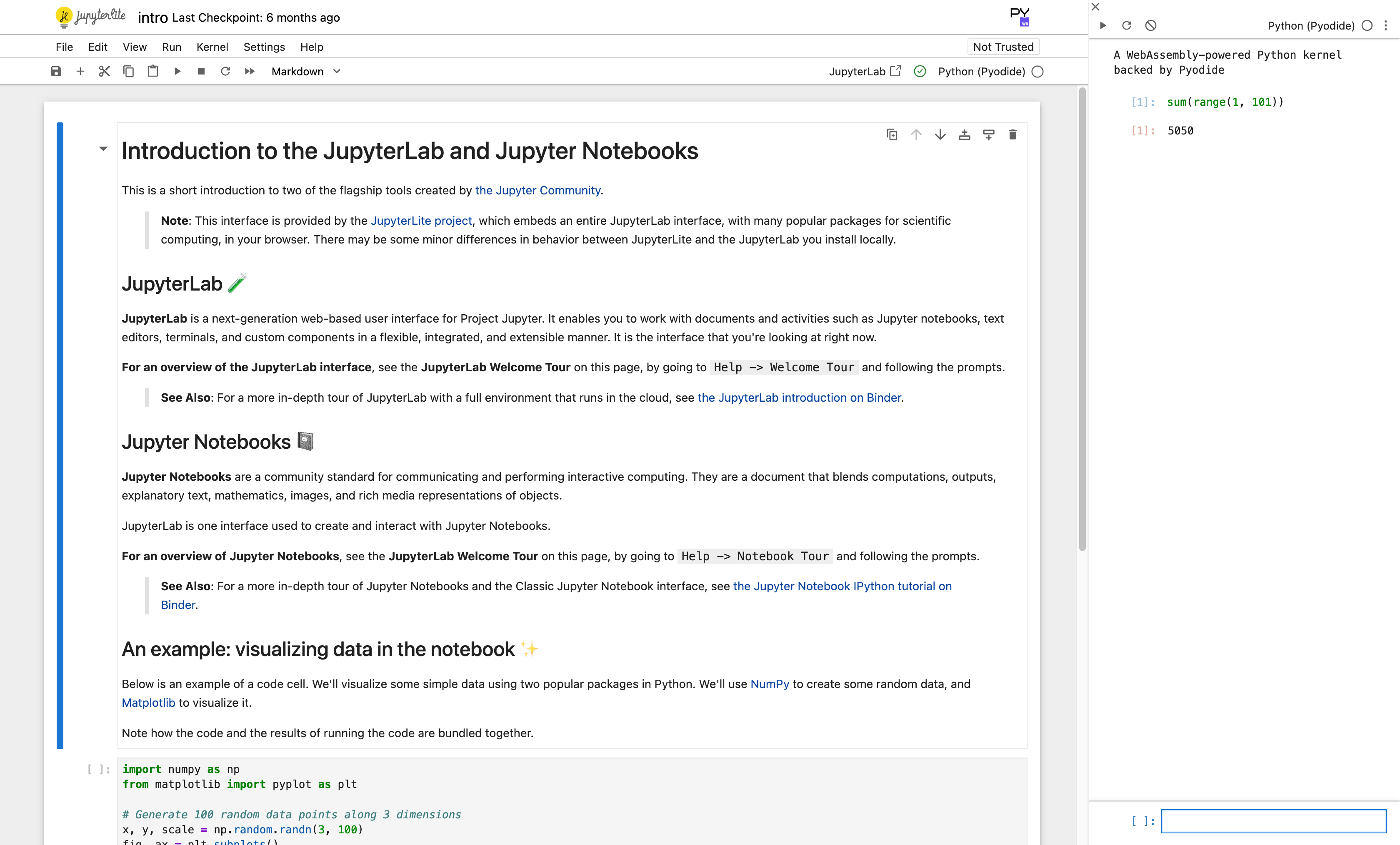A scratchpad console opened next to a notebook in JupyterLite